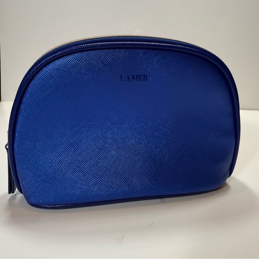 La Mer Royal Blue Saffiano Cosmetic Bag Dome Makeup Pouch‎ Gold Zip